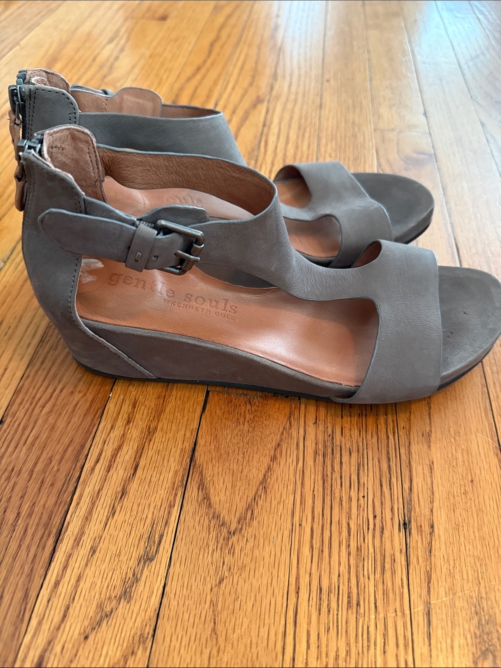 gentle souls Gray Nubuck Wedge Sandals with Ankle Buckle